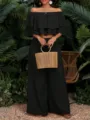 Detailaufnahme des schwarzen schulterfreien rüschen crop tops und der langen hose. - S / Oberteil und Unterteil / Schwarz