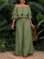 Gruenes schulterfreies Crop Top und weite Beine Hosen zweiteiliges Urlaubs Outfit Damen. - S / Oberteil und Unterteil / Armeegrün