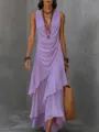 Detalle de vestido largo gasa sin mangas cuello V, elegante diseño verano vacaciones. - S / Violeta Claro