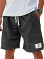 Pantalones cortos casuales texturizados con cordón para hombre verano playa bolsillos moda estilo - S / Negro