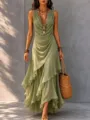 Vestido largo maxi de gasa sin mangas con cuello en V y volantes irregulares de verano. - S / Verde claro