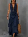 Abito lungo senza maniche in chiffon blu navy con scollo a V e volant asimmetrici eleganti. - Blu scuro