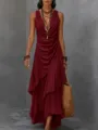 Abito lungo smanicato in chiffon con scollo a V e orlo asimmetrico con volant per l'estate. - Rosso