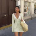 Stylish elegant women solid color knit beach dress bikini cover up two piece summer outfit - S / Set / Light Green