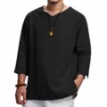 Camisa de hombre casual holgada color sólido cuello V manga tres cuartos variante estilo - M / Tops / Negro