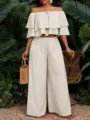 Beige schulterfreies Rüschen Crop Top und hochtaillierte weite Beinhosen zweiteiliges Set. - S / Oberteil und Unterteil / Weiß