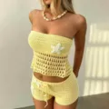 Ensemble de plage crocheté jaune, tenue deux pièces en tricot élégante avec étoile de mer. - S / Jaune