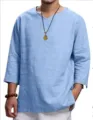 Camisa de lino hombre casual cuello V liso manga 3/4 top suelto talla grande verano - M / Tops / Azul claro