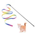 Giocattolo a bacchetta per gatti con nastro arcobaleno bifacciale e manico nero lungo - Bacchetta corta con nastro arcobaleno 60 cm