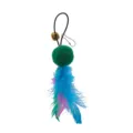 Detail view of a colorful cat toy teaser replacement head with feathers and small bell - 12.5cm Total Length / Green