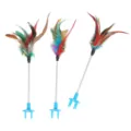 Close-up of three colorful feather cat toys featuring elastic springs and secure blue bases - Single Feather Bell