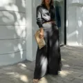 Women stylish two piece set long sleeve shirt and wide leg pants casual commute outfit. - S / Top And Bottom / Black
