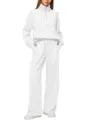 Women white half zip sweatshirt wide leg sweatpants tracksuit set casual two piece outfit - S / Top And Bottom / White