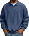 Polo da uomo in maglia casual, pullover ampio a maniche lunghe con bottoni vista dettaglio. - Taglia S / Blu navy
