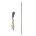 Macro detail of wooden cat teaser wand with fabric fish pendant and colorful ribbons - 40cm Stick / Coffee Wooden Wand
