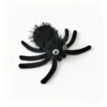 Detailed macro shot of a black fuzzy Halloween spider cat toy with realistic googly eyes - 6.7x6.3cm / Flatback (No Eyelet)