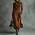 Abrigo Largo de Ante Marrón para Mujer Trench Vintage Solapa Cruzada Otoño Invierno - S / Marrón Oscuro