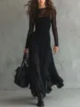 Details of the elegant black mesh spliced long sleeve dress showcasing exquisite texture. - XS / Black