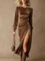 Stunning brown velvet long sleeve dress detail with high slit and elegant ruching design. - Coffee