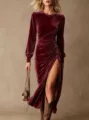 Velvet long sleeve high slit dress detail shot showing exquisite texture and elegant waist design. - Burgundy