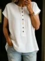 Solid color crew neck short sleeve button-up women's top casual summer fashion shirt. - S / Tops / White