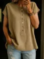 Solid color short sleeve button top detail view showcasing neckline and front buttons. - S / Tops / Khaki