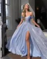 Stunning light blue sequin off-shoulder evening dress with high slit and large hem detail. - S / Cyan Blue