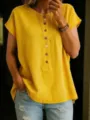 Close-up detail of casual yellow short sleeve button-up top and layered necklaces. - S / Tops / Sunflower Yellow