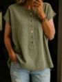 Detailed view of women's solid color round neck short sleeve button top in olive green. - S / Tops / Olive Green