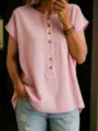 Chic pink short sleeve button front crewneck t-shirt top for women summer casual view detail - S / Tops / Pink