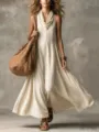 Summer sleeveless V-neck maxi dress, loose flowy long skirt design for vacation style. - S / Cream