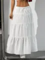 Women white tiered maxi skirt casual boho long skirt elastic drawstring waist summer beach - S / Bottoms / White