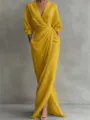 Elegantes gelbes Maxikleid mit V-Ausschnitt langen Ärmeln und Taillenwickel für Damen Sommer. - S / Gelb