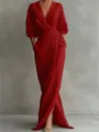 Elegantes rotes V-Ausschnitt Maxikleid mit langen Ärmeln und Taillierung für Urlaub. - S / Rot