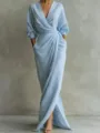 Light blue V-neck maxi dress with draped waist and long sleeves, perfect for summer vacation. - Light Blue