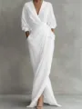 Weißes V-Ausschnitt Langarm Wickelkleid, lässiges Resort-Stil Taillenkleid Maxikleid. - S / Weiß