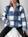 Suéter sherpa a cuadros azul y blanco para mujer, sudadera de felpa elegante con media cremallera. - S / Tops / Azul