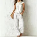 Lockerer Damen ärmelloser Top und karierte weite Hose Anzug Set Mode im Retro Stil - S / Weiß