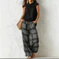 Damen Freizeit Retro Set ärmelloses Oberteil graue karierte weite Hose elegantes Outfit - S / Schwarz