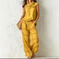 Damen Retro Freizeit Ärmelloses Oberteil und Karierte Weite Hosen Set Senfgelb - S / Gelb