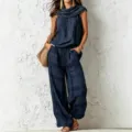 Damen Vintage Freizeit ärmelloses Oberteil und Karo Weites Bein Hose Set blau Mode - Marineblau