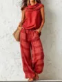 Damen Retro lässiges ärmelloses Oberteil und karierte weite Hose zweiteiliges Set. - Rot