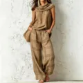 Damen Vintage Freizeit ärmelloses Oberteil und Karo Hose Set, stilvolles modisches Outfit. - Khaki