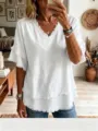 Mujer casual blanca cuello V manga corta camisa con flecos borde suelto top de verano - S / Blanco