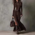 Elegant brown suede long sleeve zipper maxi jumpsuit dress with belt and side split. - XS / Coffee