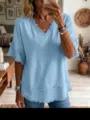 Top informal azul claro con cuello en V manga corta y flecos camisa de mujer suelta. - S / Azul claro