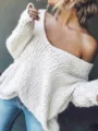 Women's chunky knit off-the-shoulder pullover sweater, cozy long sleeve solid top detail shot. - S / White