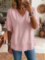 Top casual rosa para mujer con cuello en V manga corta y detalles de flecos. - S / Rosa