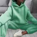 Women solid color mint green hoodie and sweatpants tracksuit set casual thick sportswear - Green