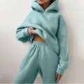 Thickened solid casual hoodie and sweatpants tracksuit set detail view, cozy wear. - Cyan